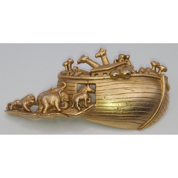 AJC Noahs Ark Gold Tone Animal Boat Brooch Pin Signed Vintage - Picture 2 of 10